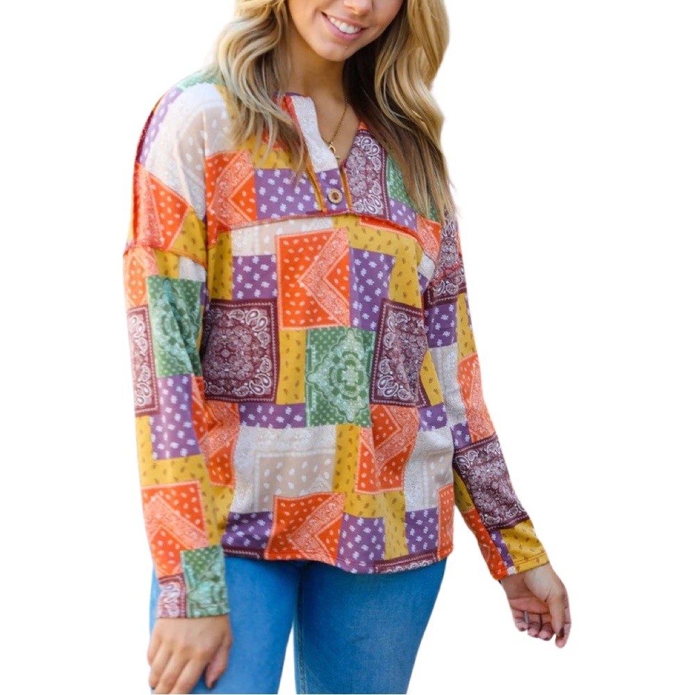 BOUTIQUE RUST OLIVE & MUSTARD PATCHWORK TOP - Picture 4 of 9